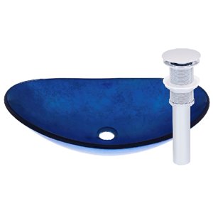 Novatto Azzurro Oval Vessel Sink - 13.5-in - Blue Glass/Chrome Drain