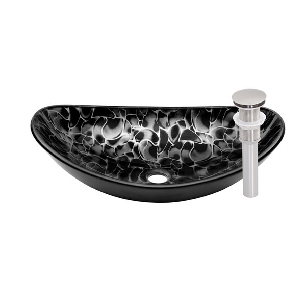 Novatto Tartaruga Oval Vessel Sink - 14.5-in - Black and Silver/Brushed Nickel Drain