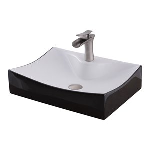 Novatto Porcelain Vessel Sink - 22-in - Black and White/Brushed Nickel Drain