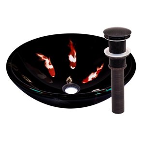Novatto Fiche Round Vessel Sink - 16.5-in - Black Glass/Oil Rubbed Bronze