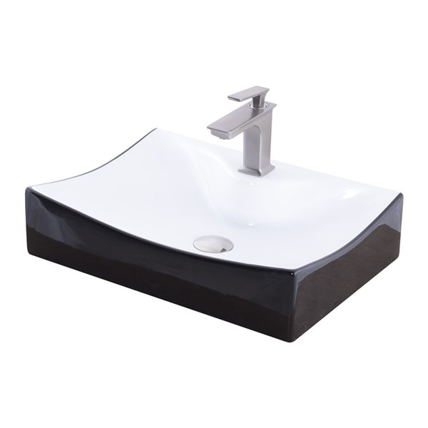 Novatto Porcelain Rectangular Vessel Sink - 22-in - Black and White/Brushed Nickel Drain