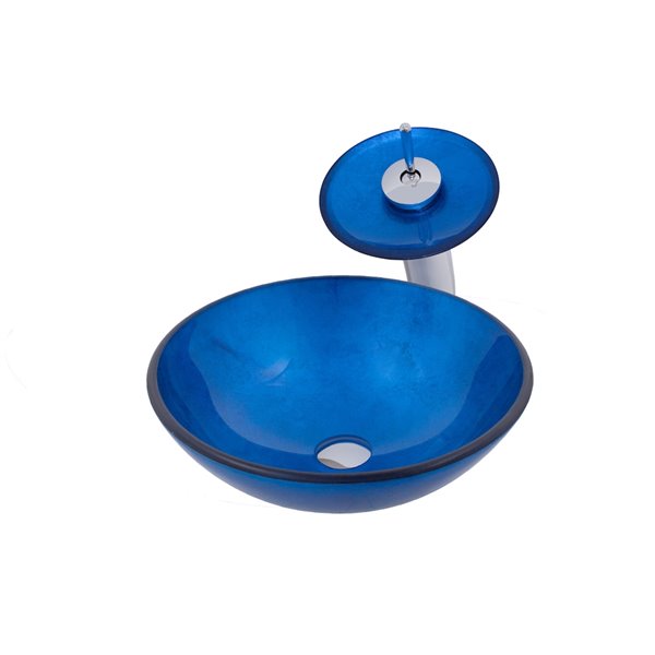 Novatto Azzurro Round Vessel Sink - 16-in - Blue Glass/Chrome