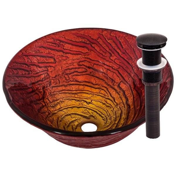 Novatto Misto Round Vessel Sink - 17-in - Red Glass/Oil Rubbed Bronze Drain