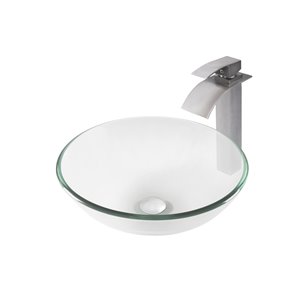 Novatto Bonificare Round Vessel Sink - 16-in - Clear Glass/Brushed Nickel Drain