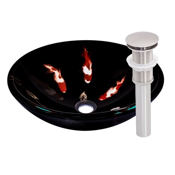 Novatto Fiche Round Vessel Sink - 16.5-in - Black Glass/Brushed Nickel