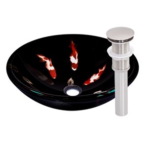 Novatto Fiche Round Vessel Sink - 16.5-in - Black Glass/Brushed Nickel