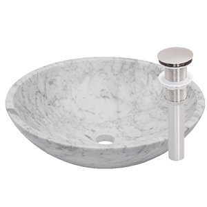 Novatto Carerra Round Vessel Sink - 17-in - White Marble/Brushed Nickel
