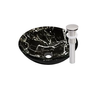 Novatto Pallina Round Vessel Sink - 16.5-in - Black Marbled Glass/Brushed Nickel
