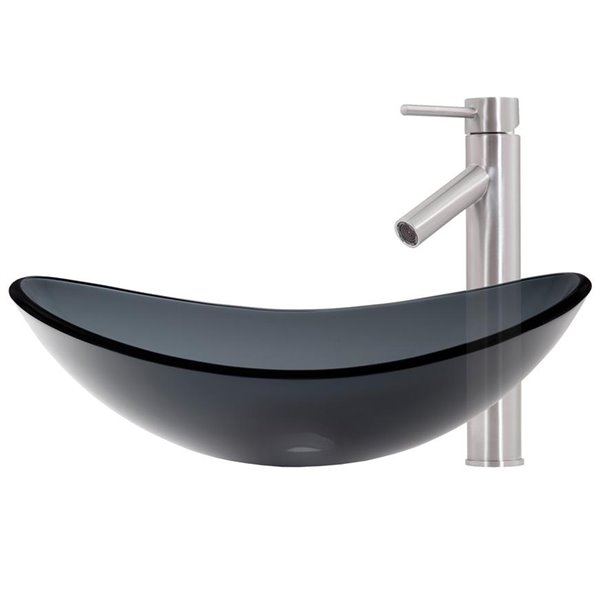 Novatto Best Value Oval Vessel Sink 15in Grey Glass/Brushed Nickel
