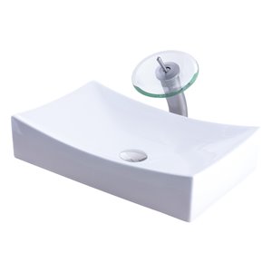 Novatto Porcelain Rectangular Vessel Sink - 13.75-in - White/Brushed Nickel Drain