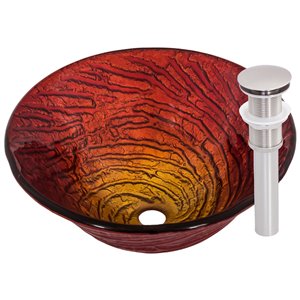 Novatto Misto Round Vessel Sink - 17-in - Red Glass/Brushed Nickel Drain