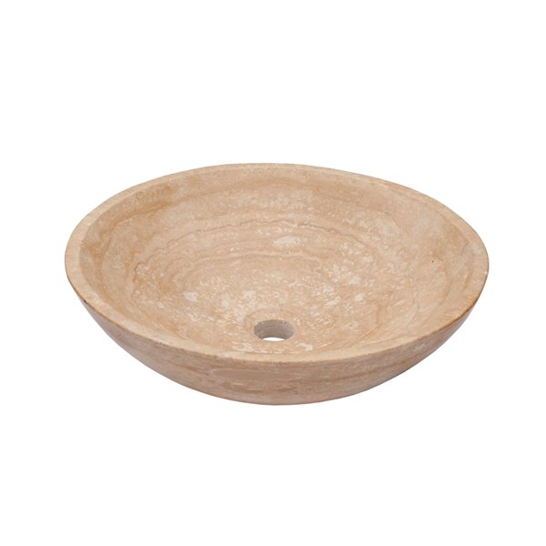 Novatto Travertine Round Vessel Sink - 17-in - Beige Polished Stone/Chrome