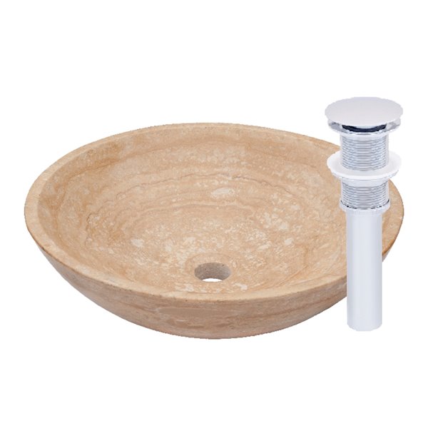 Novatto Travertine Round Vessel Sink - 17-in - Beige Polished Stone/Chrome