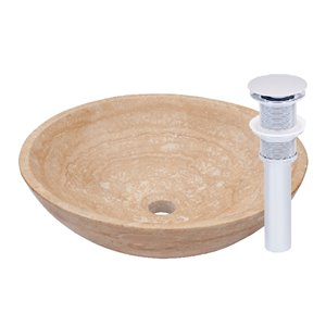 Novatto Travertine Round Vessel Sink - 17-in - Beige Polished Stone/Chrome