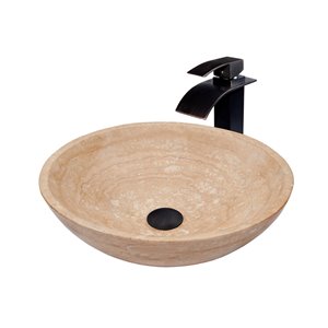 Novatto Travertine Round Vessel Sink - 17-in - Beige Polished Stone/Oil Rubbed Bronze Drain