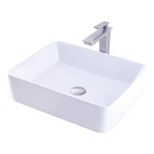 Novatto Porcelain Rectangular Vessel Sink - 20.75-in - White/Brushed Nickel Drain