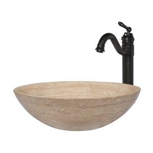 Novatto Travertine Vessel Sink - 17-in - Beige Polished Stone/Oil Rubbed Bronze