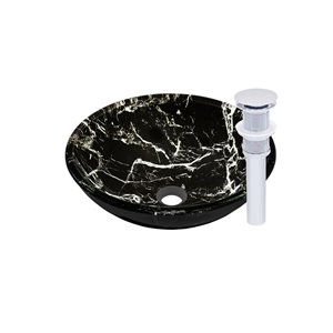 Novatto Pallina Round Vessel Sink - 16.5-in - Black Marbled Glass/Chrome
