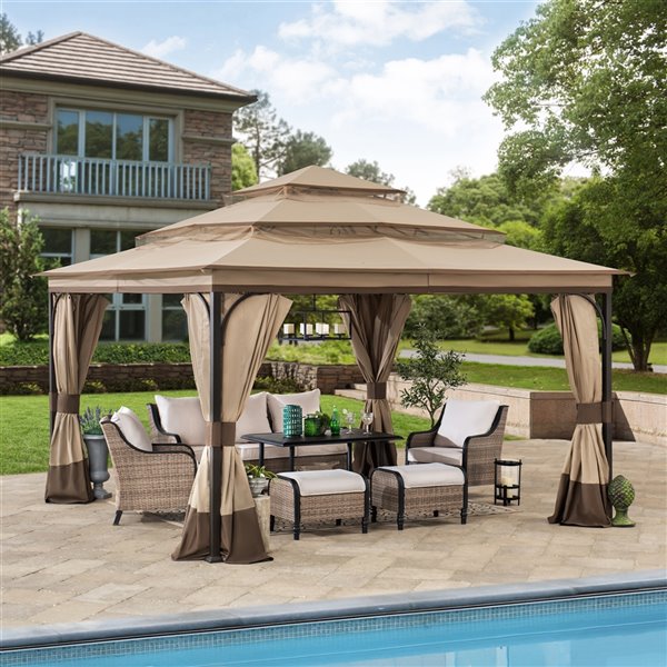 Sunjoy Semi-permanent Steel Gazebo - Square - Polyester Top - 12-ft x 12-ft - Tan