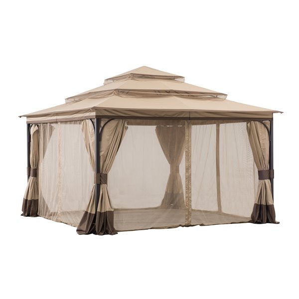 Sunjoy Semi-permanent Steel Gazebo - Square - Polyester Top - 12-ft x 12-ft - Tan