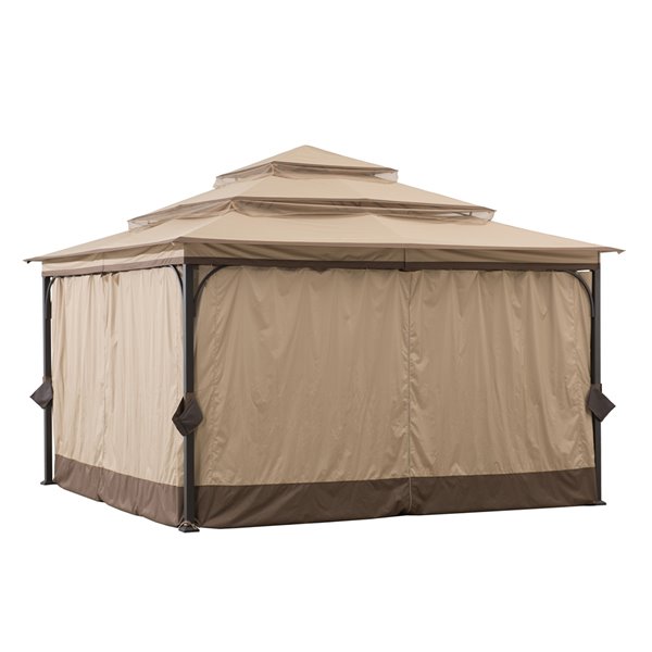 Sunjoy Semi-permanent Steel Gazebo - Square - Polyester Top - 12-ft x 12-ft - Tan