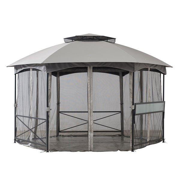 Sunjoy Semi-permanent Steel Gazebo - Hexagon - Polyester Top - 11.4-ft x 13.2-ft - Grey