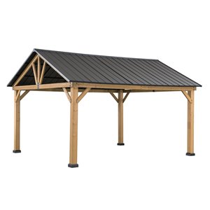 Sunjoy Permanent Cedar Gazebo - Rectangle - Steel Top - 10.1-ft x 12-ft - Brown/Black