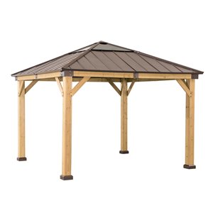 Sunjoy Permanent Cedar Gazebo - Square - Polycarbonate Top - 11.08-ft x 11.08-ft - Brown
