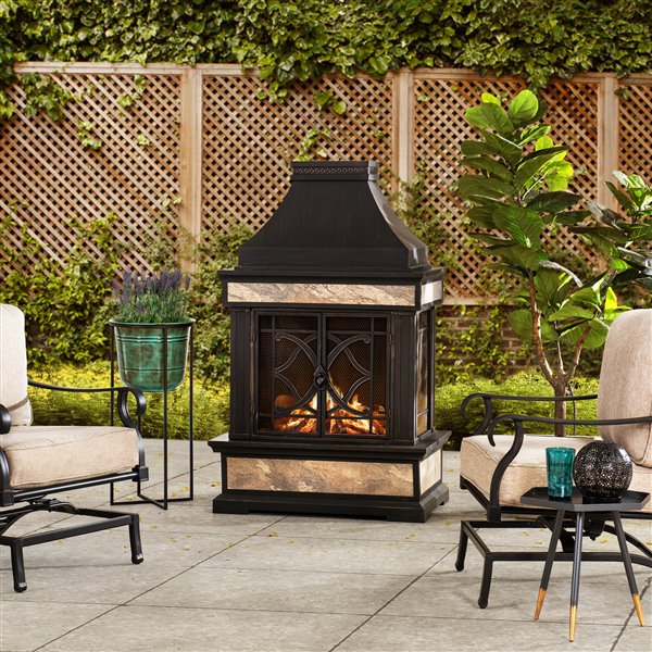 Sunjoy Smith Outdoor Wood Burning Fireplace 23.62in Black and Gold