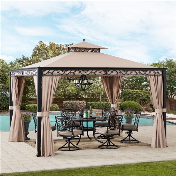 Sunjoy Semi-permanent Steel Gazebo - Rectangle - Polyester Top - 10-ft x 12-ft - Tan/Beige