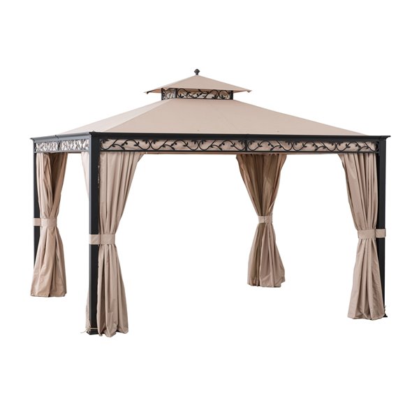 Sunjoy Semi-permanent Steel Gazebo - Rectangle - Polyester Top - 10-ft x 12-ft - Tan/Beige