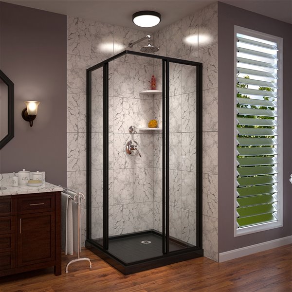 DreamLine Cornerview Framed Sliding Shower Door with Base - Satin Black - 36-in x 36-in x 72-in