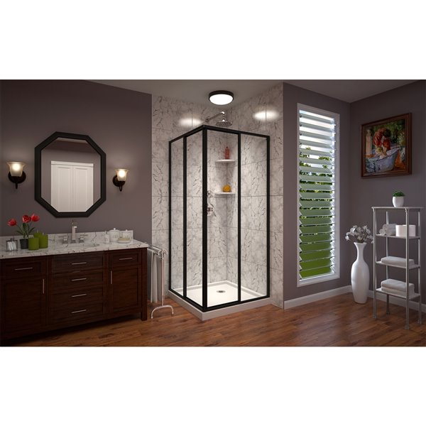 Porte de douche coulissante avec cadre Dreamline Cornerview, noir satiné, base blanche, 36 po x 36 po x 72 po