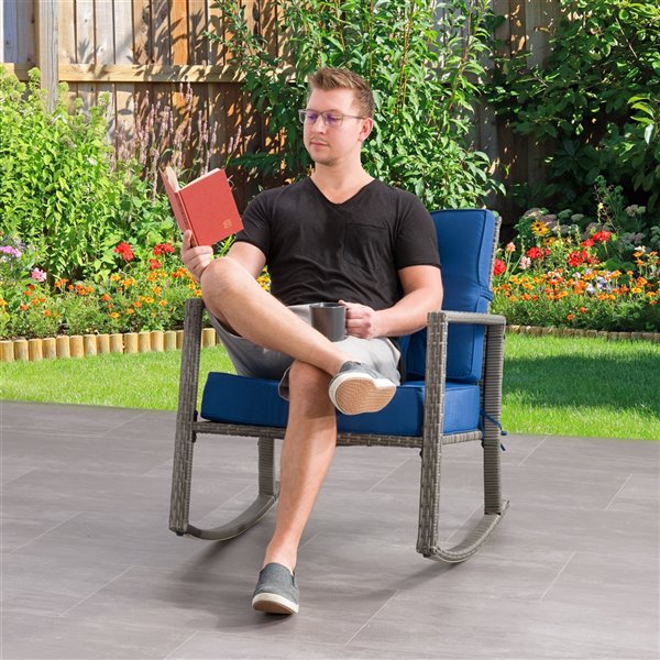 CorLiving Parksville Patio Rocking Chair - Oxford Blue Cushions - Grey Frame