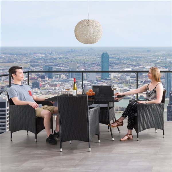 CorLiving Parksville Rectangle Patio Dining Set - Resin Wicker Rattan - Black/Ash Grey - 5-Piece