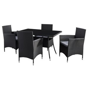 CorLiving Parksville Rectangle Patio Dining Set - Resin Wicker Rattan - Black/Ash Grey - 5-Piece