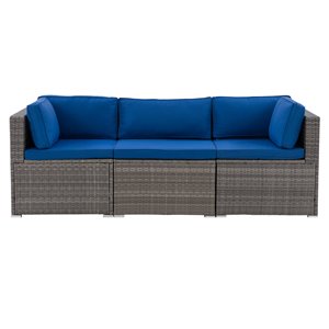 CorLiving Parksville Patio Sectional Set - Resin Wicker - Grey/Oxford Blue - 3-Piece