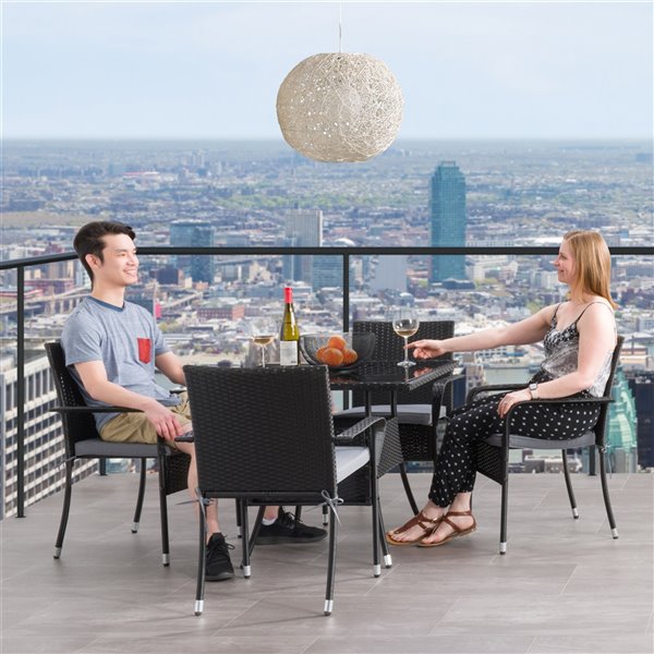 CorLiving Parksville Patio Dining Set - Square Table - Resin Wicker Rattan - Black/Ash Grey - 5-Piece