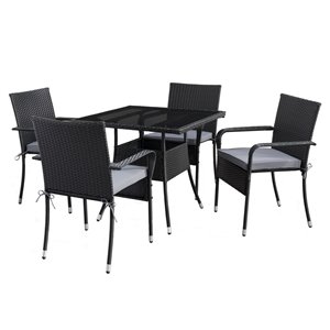 CorLiving Parksville Patio Dining Set - Square Table - Resin Wicker Rattan - Black/Ash Grey - 5-Piece