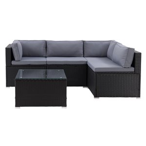 CorLiving Parksville Patio Sectional Set - Resin Wicker - Black/Ash Grey - 5-Piece