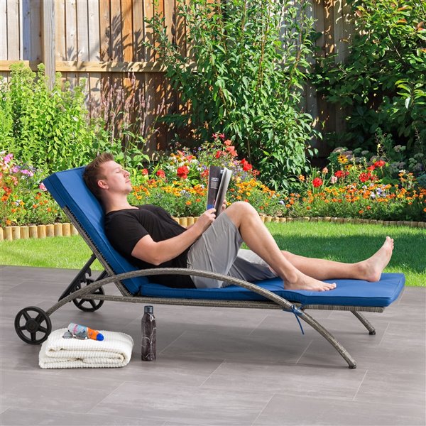 CorLiving Parksville Patio Lounge Chair  - Oxford Blue Cushions - Grey Frame