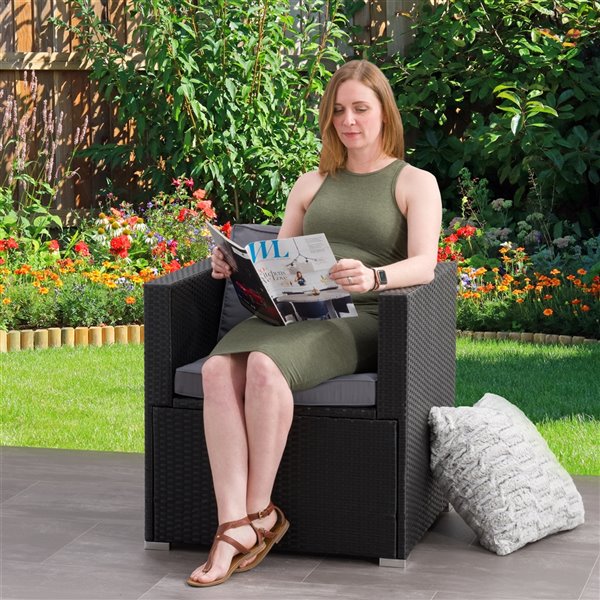 CorLiving Parksville Patio Sectional Arm Chair - Ash Grey Cushions - Black Frame