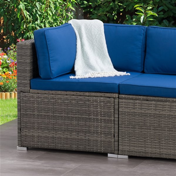 CorLiving Parksville Patio Sectional Corner Chair - Oxford Blue Cushions - Grey