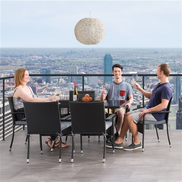 CorLiving Parksville Patio Dining Set - Resin Wicker Rattan - Black/Ash Grey - 7-Piece