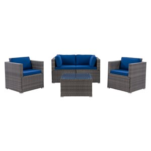 CorLiving Parksville Patio Sectional Set - Resin Wicker - Grey/Oxford Blue - 5-Piece