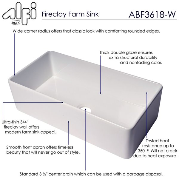 ALFI brand ABF3618 36-in White Thin Wall Single Bowl Fireclay Kitchen Farm Sink