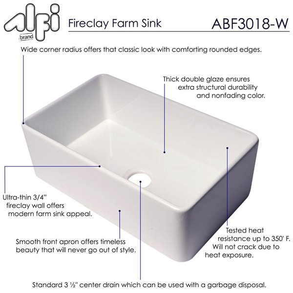 ALFI brand ABF3018 30-in White Thin Wall Single Bowl Fireclay Kitchen Farm Sink