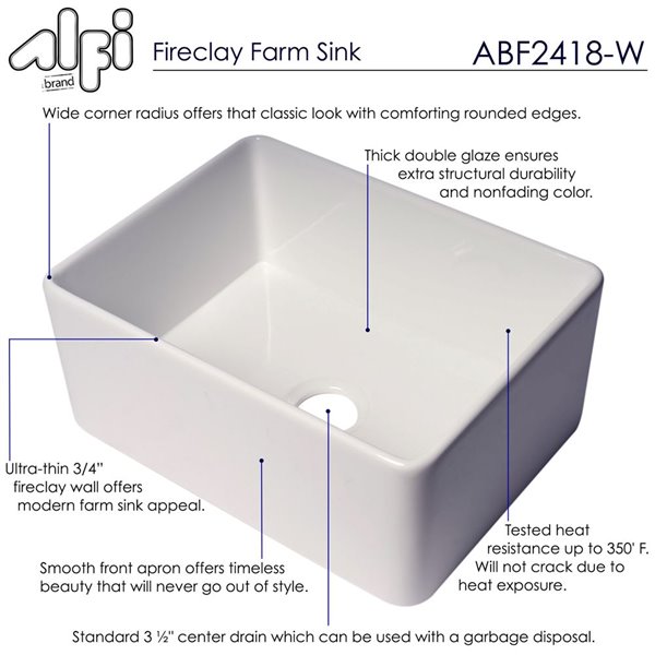 ALFI 24-in White Thin Wall Single Bowl Fireclay Kitchen Farm Sink