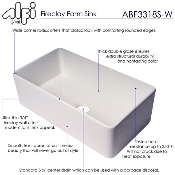 ALFI brand ABF3318S 33-in White Thin Wall Single Bowl Fireclay Kitchen Farm Sink