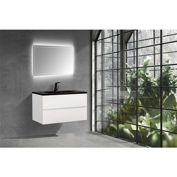 Meuble-lavabo simple blanc de 36 po Sadie par GEF avec comptoir en composite de quartz noir